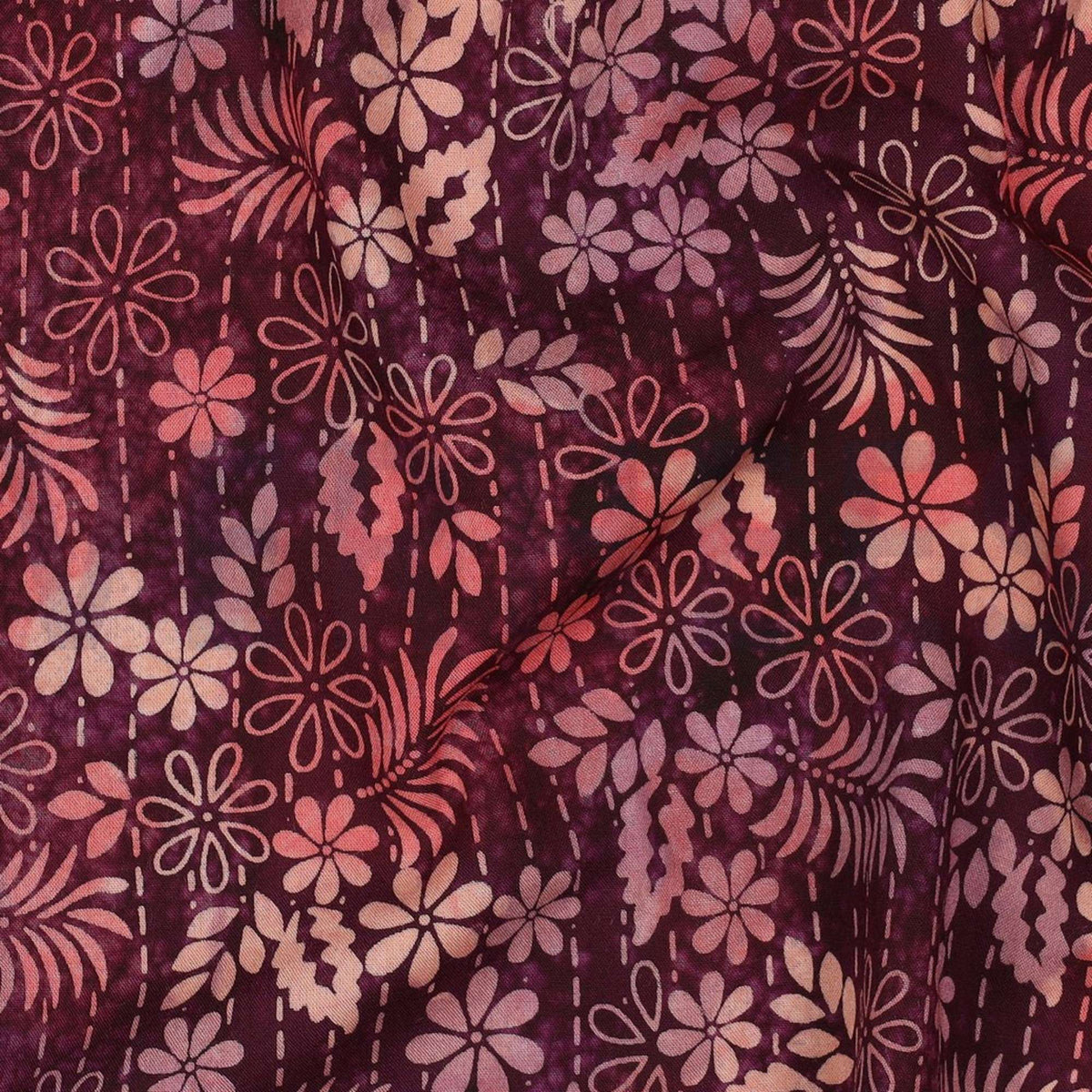 Batik Handcrafted Viscose Dressmaking Fabric - Purple & Pink Flowers