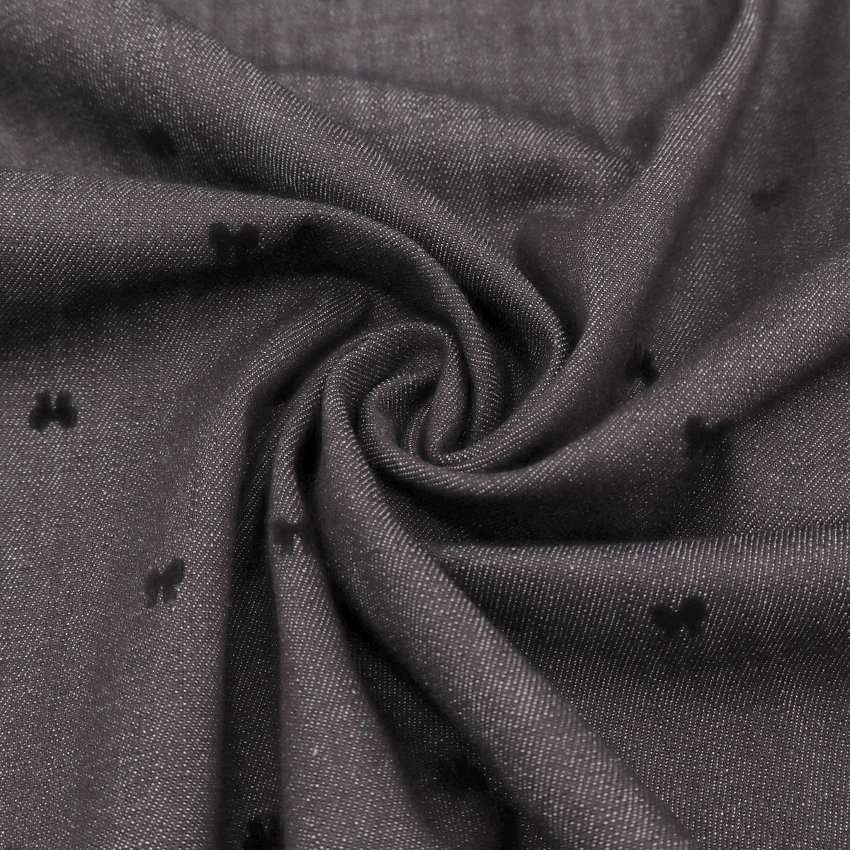 Black Stretch Denim with Velvet Flocked Detail Cotton Fabric - Bow