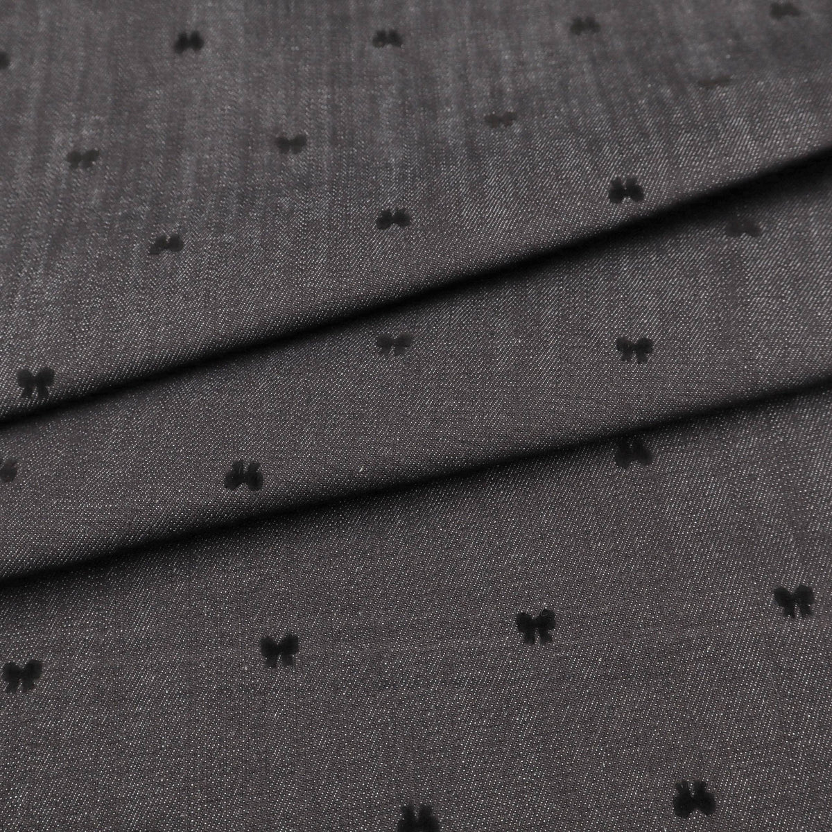 Black Stretch Denim with Velvet Flocked Detail Cotton Fabric - Bow
