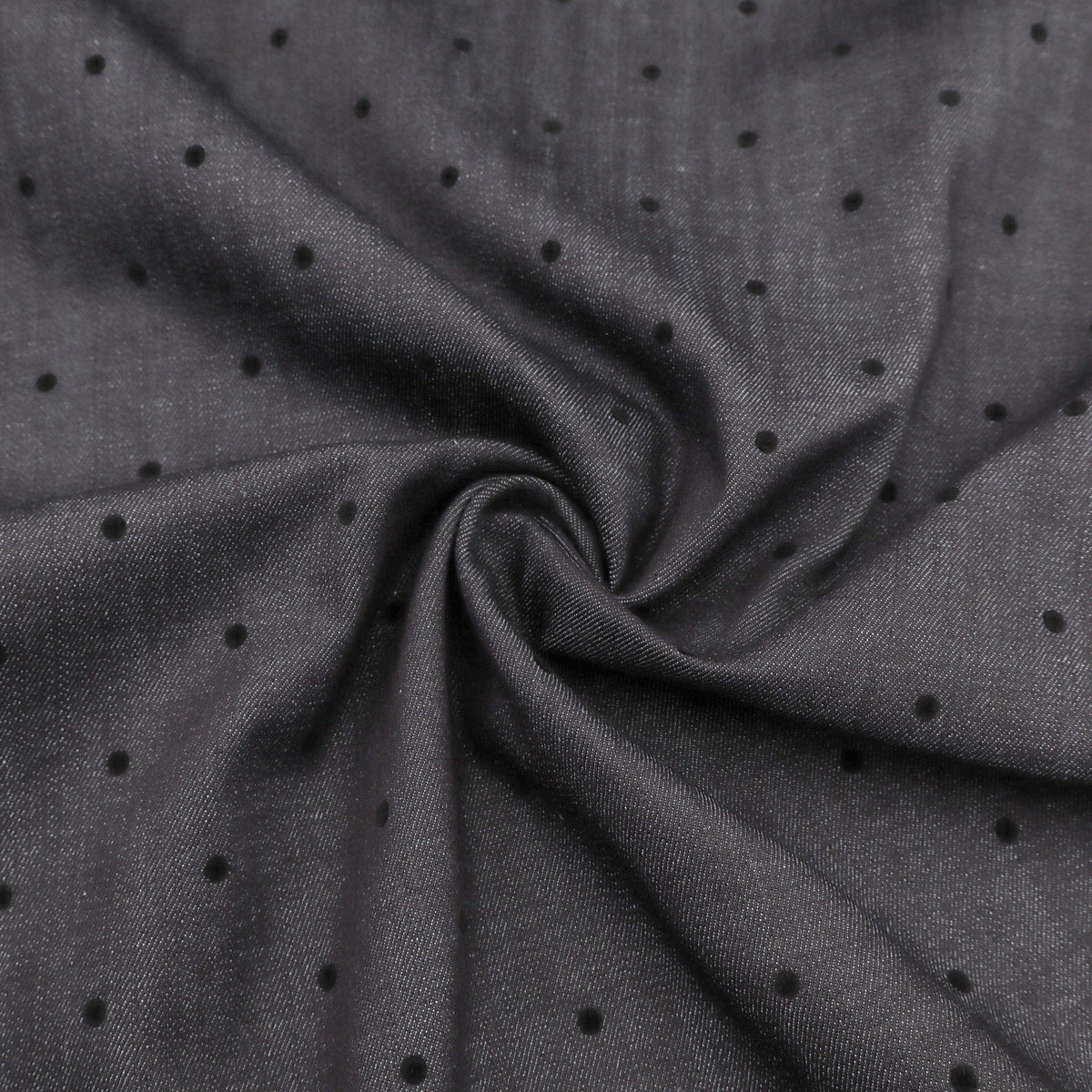 Black Stretch Denim with Velvet Flocked Detail Cotton Fabric - Spots