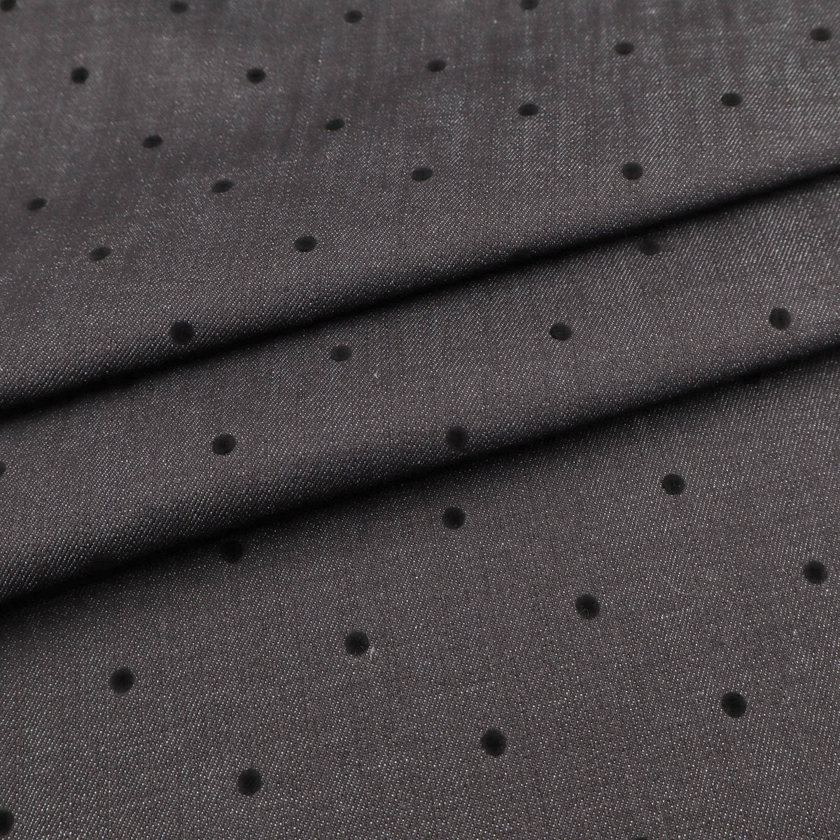 Black Stretch Denim with Velvet Flocked Detail Cotton Fabric - Spots