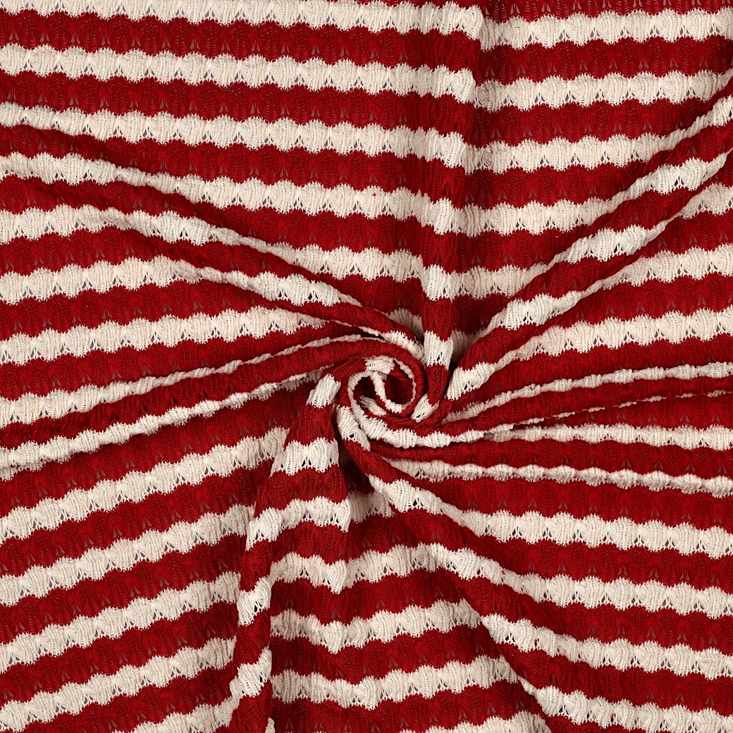 Boho Crochet Knitted Jacquard Stripes Fabric - Red & Ecru