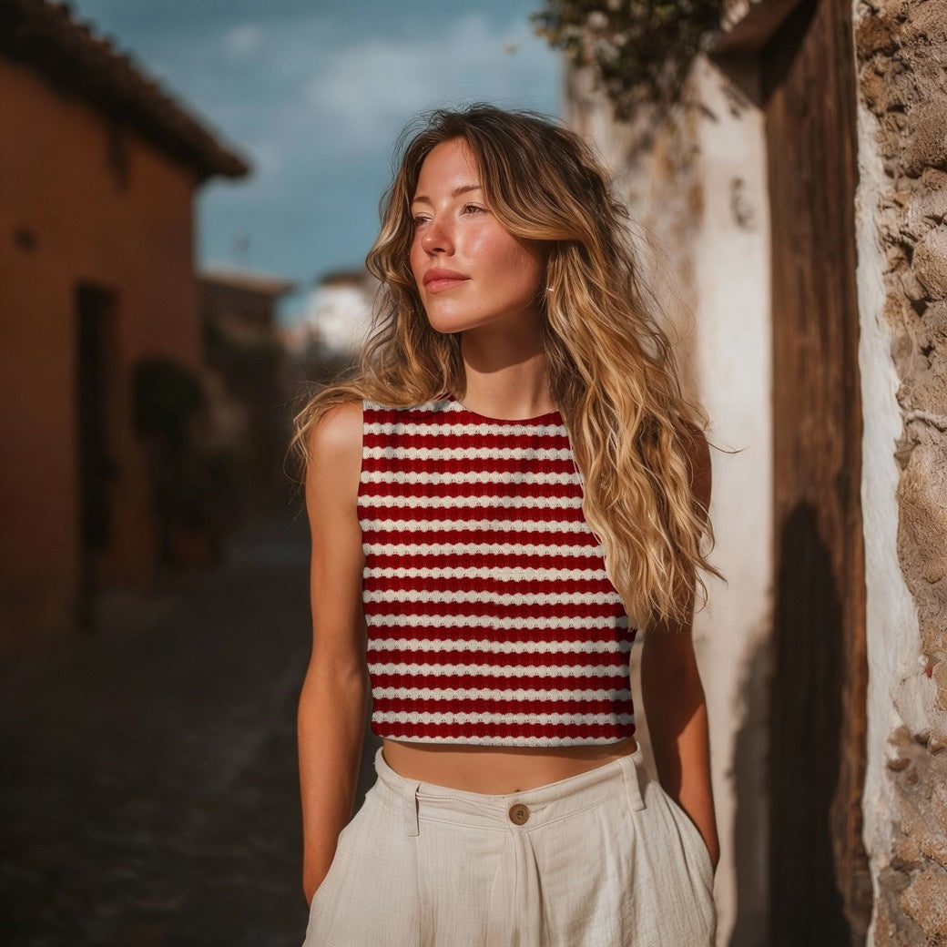 Boho Crochet Knitted Jacquard Stripes Fabric - Red & Ecru