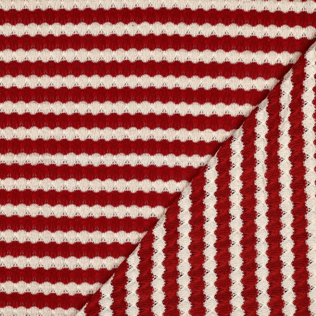 Boho Crochet Knitted Jacquard Stripes Fabric - Red & Ecru