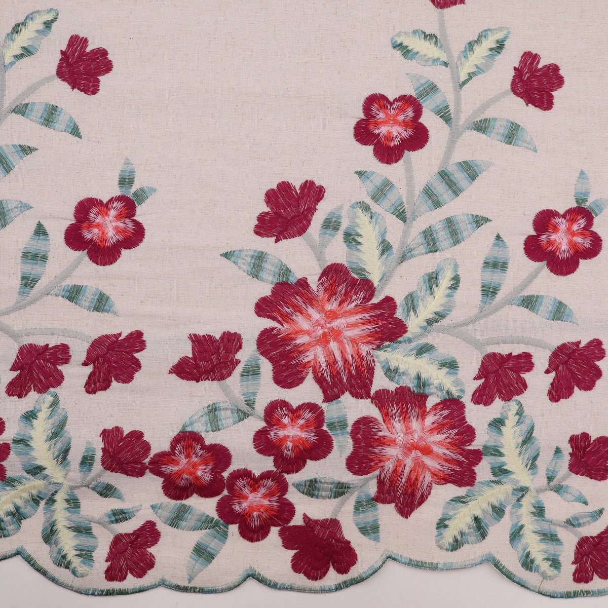 Border Meadow Flower Embroidery Linen Viscose Dressmaking Fabric - Cerise