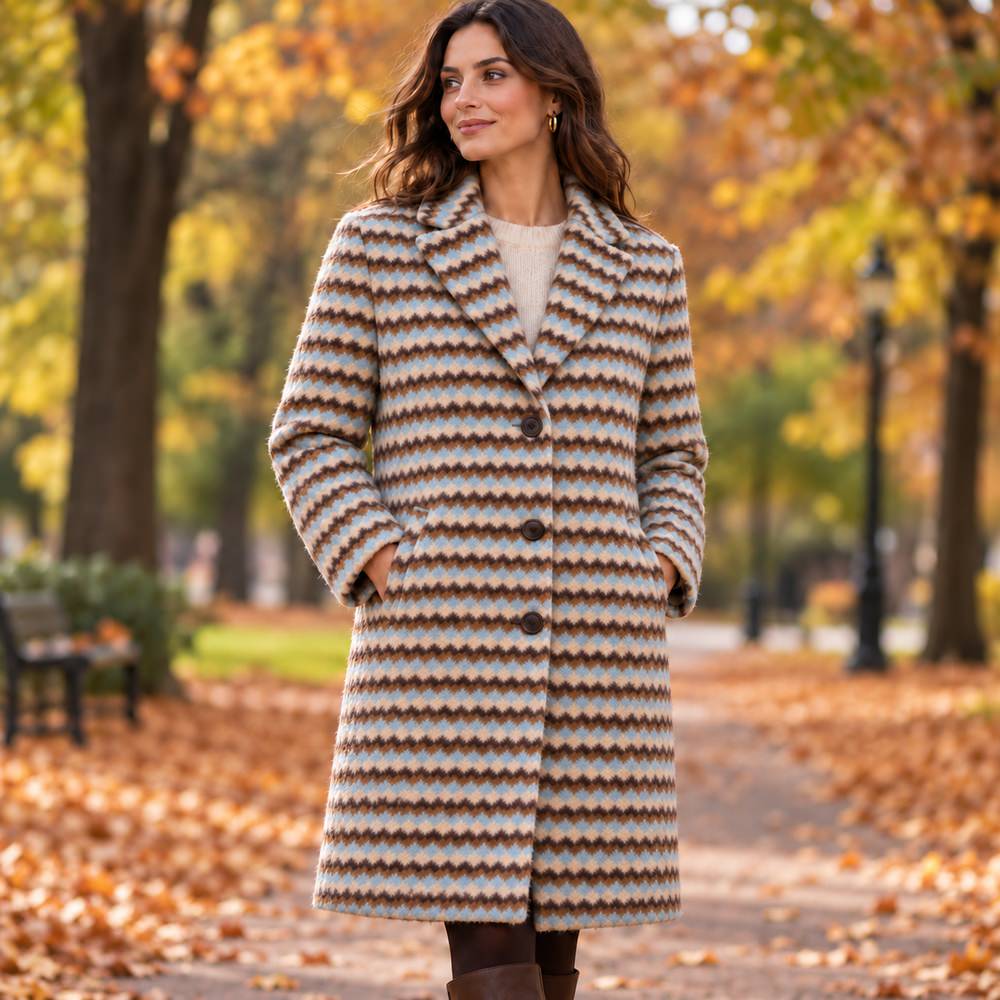 Boucle Fleece Like Coating Jacket Fabric - Blue & Brown Striped