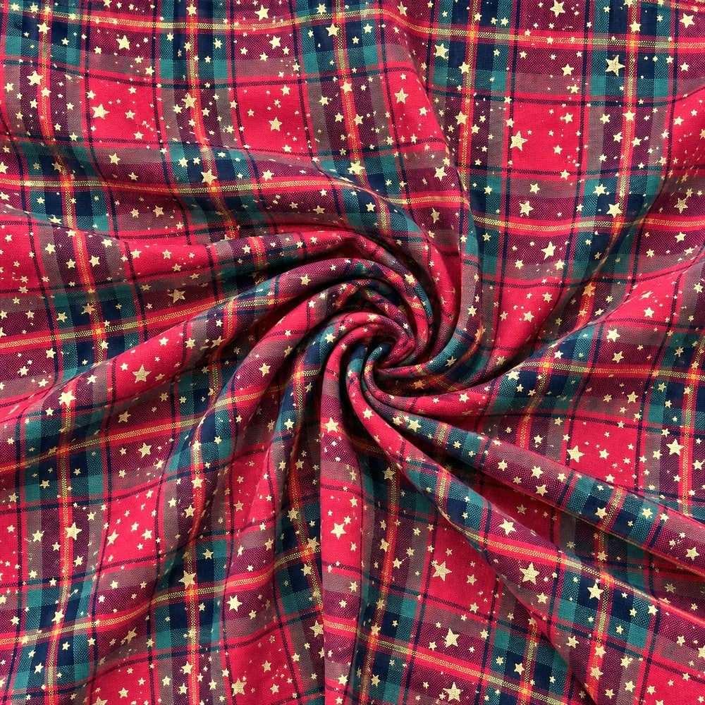 Christmas Cotton Fabric Metallic Foil Print Craft Fabric - Tartan Stars
