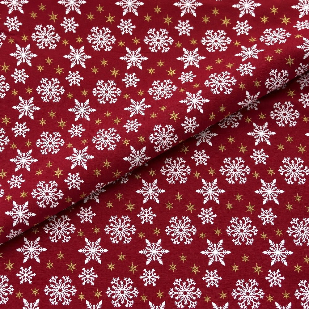 Christmas Cotton Fabric Metallic Foil Print Craft Fabric - Red Snowflakes