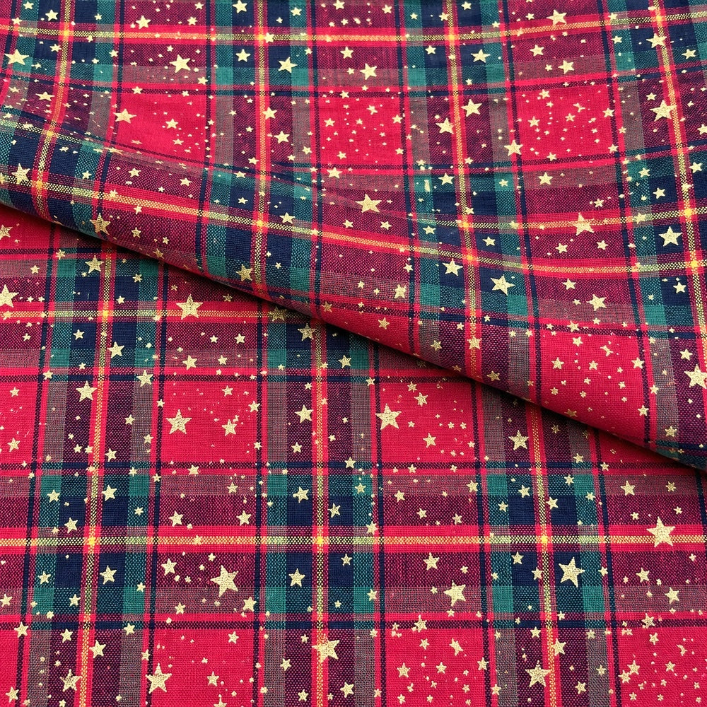 Christmas Cotton Fabric Metallic Foil Print Craft Fabric - Tartan Stars