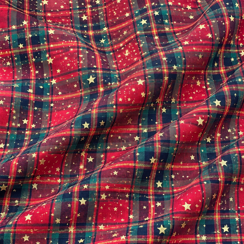 Christmas Cotton Fabric Metallic Foil Print Craft Fabric - Tartan Stars