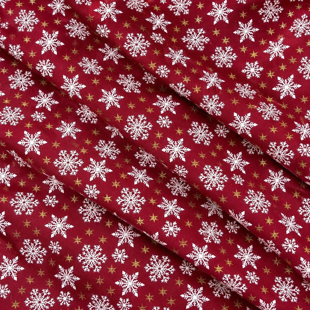 Christmas Cotton Fabric Metallic Foil Print Craft Fabric - Red Snowflakes