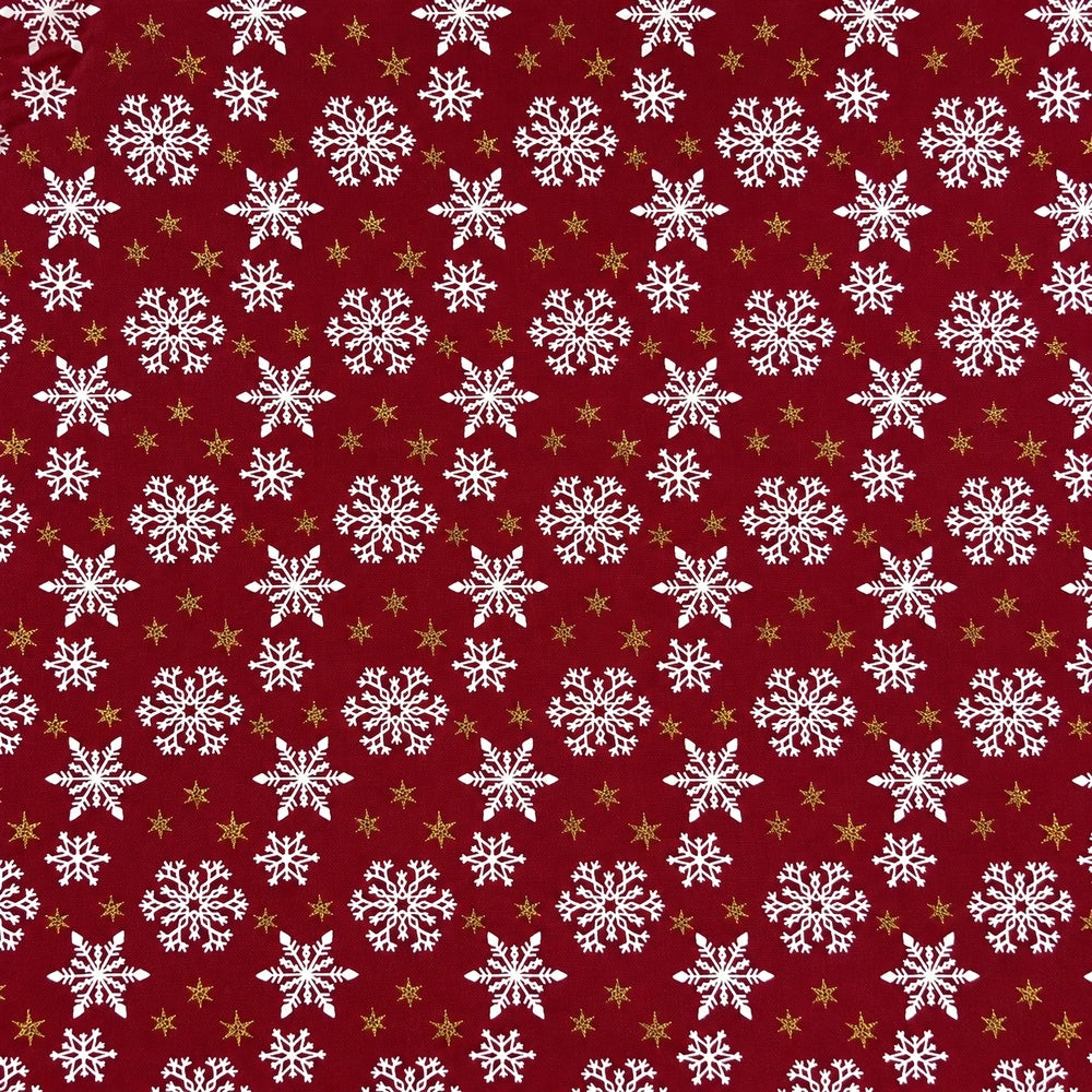 Christmas Cotton Fabric Metallic Foil Print Craft Fabric - Red Snowflakes