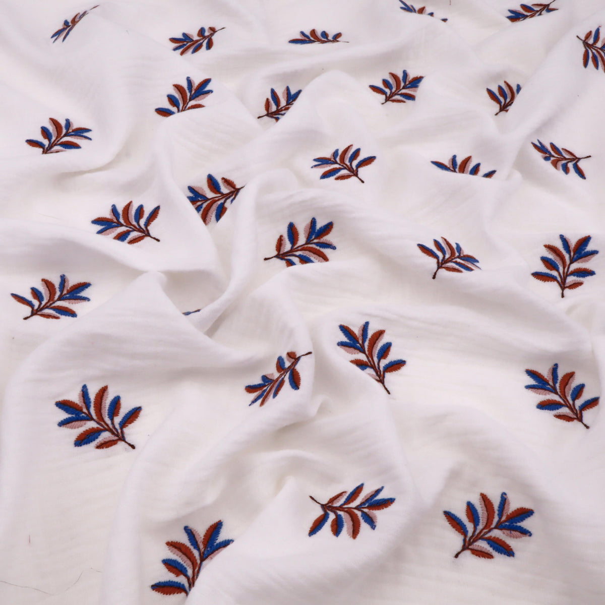 Colette Embroidered Cotton Double Gauze Dressmaking Fabric - Leaves on White