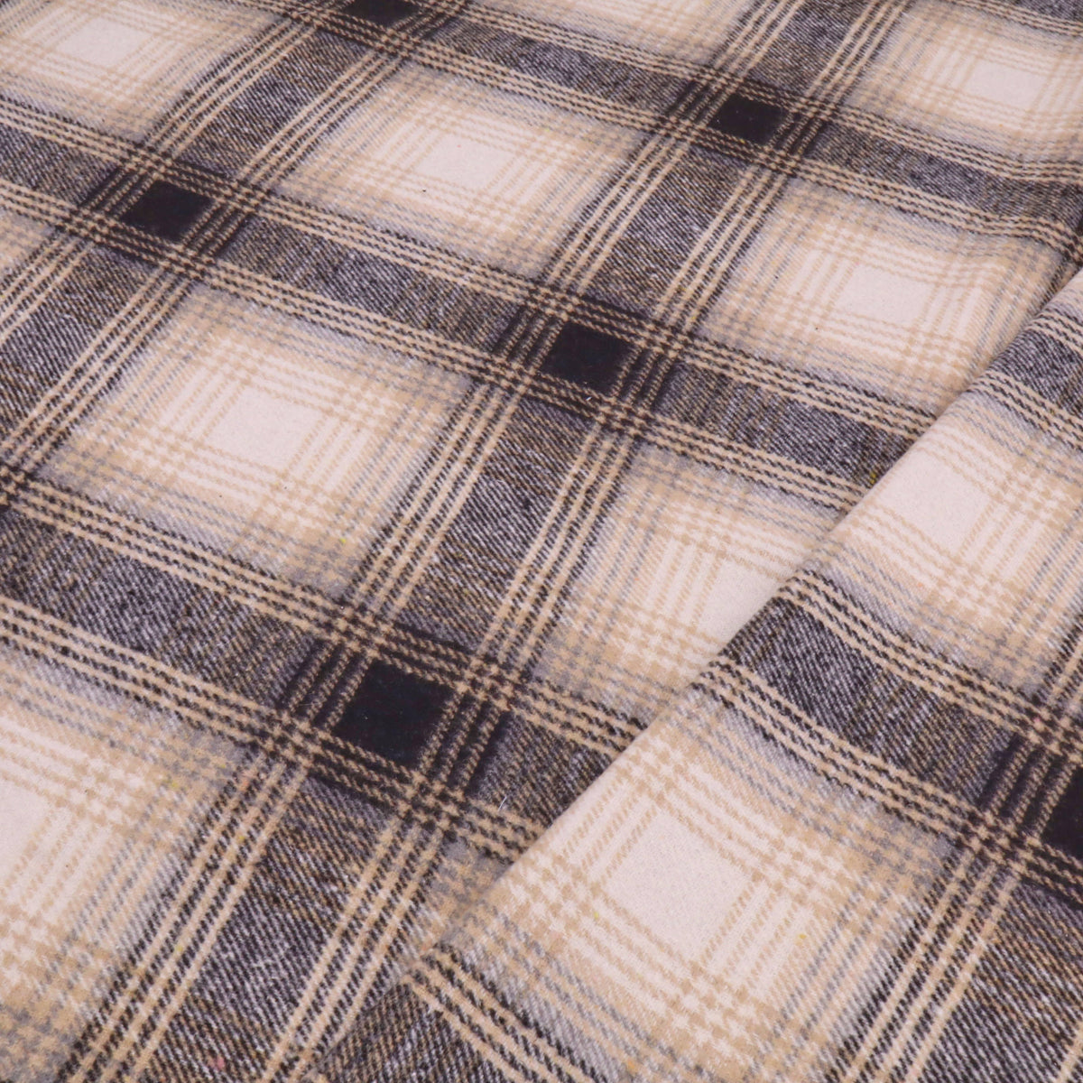 Cosy Thick Brushed Cotton Blend Tartan Plaid Fabric - Large Beige & Black
