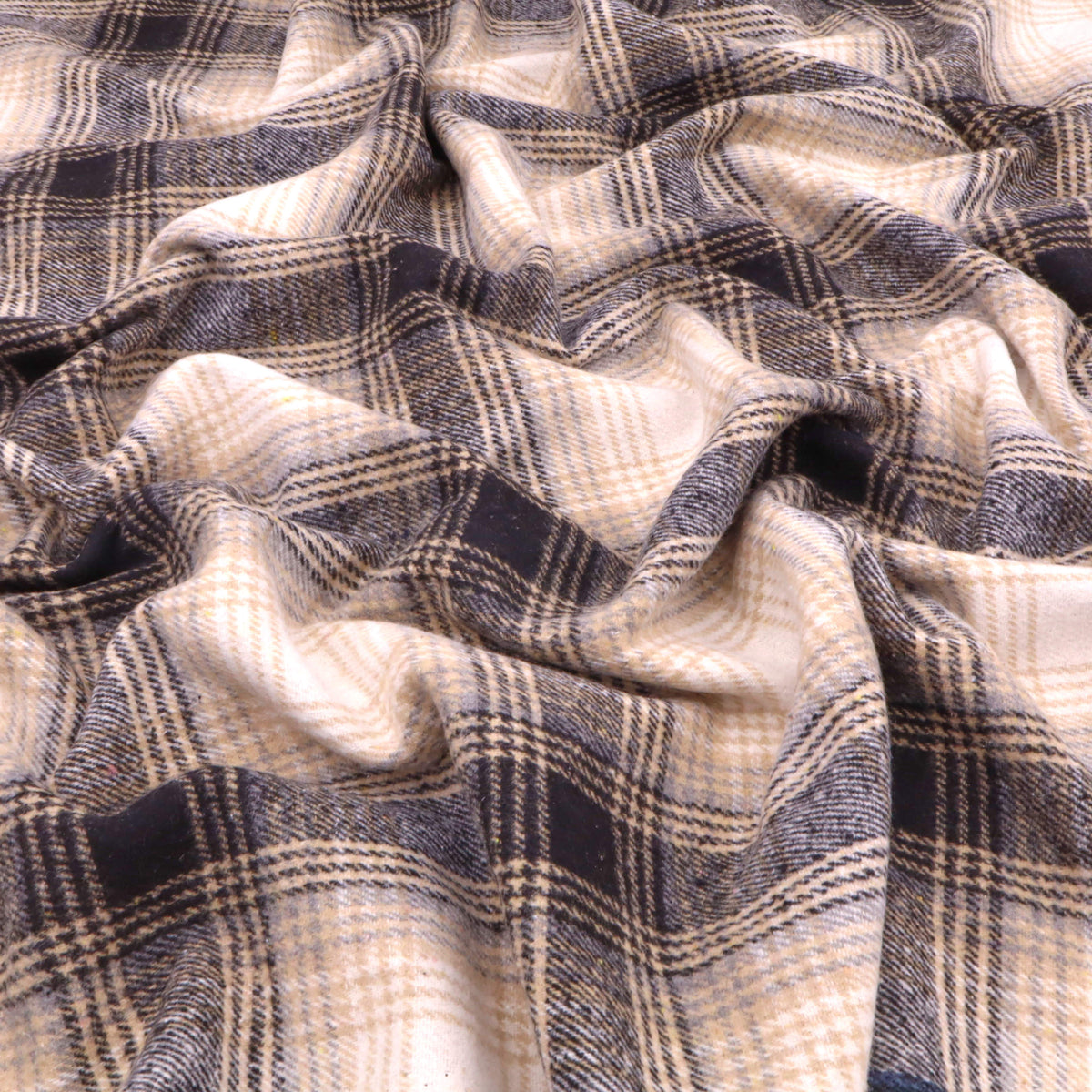 Cosy Thick Brushed Cotton Blend Tartan Plaid Fabric - Large Beige & Black