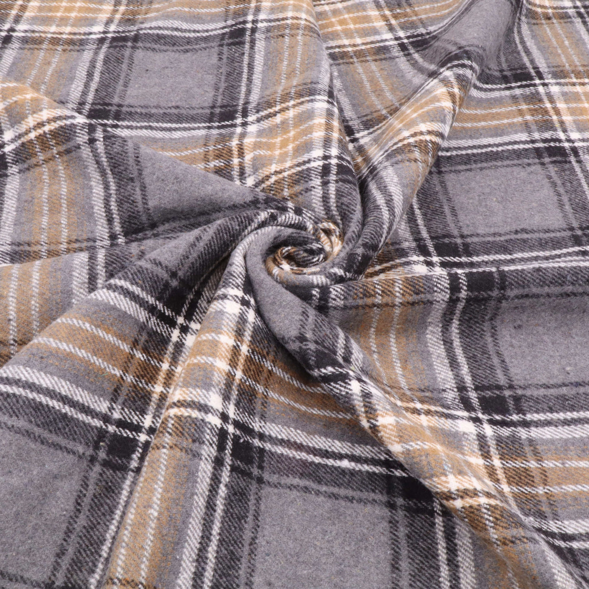 Cosy Thick Brushed Cotton Blend Tartan Plaid Fabric - Large Grey & Brown