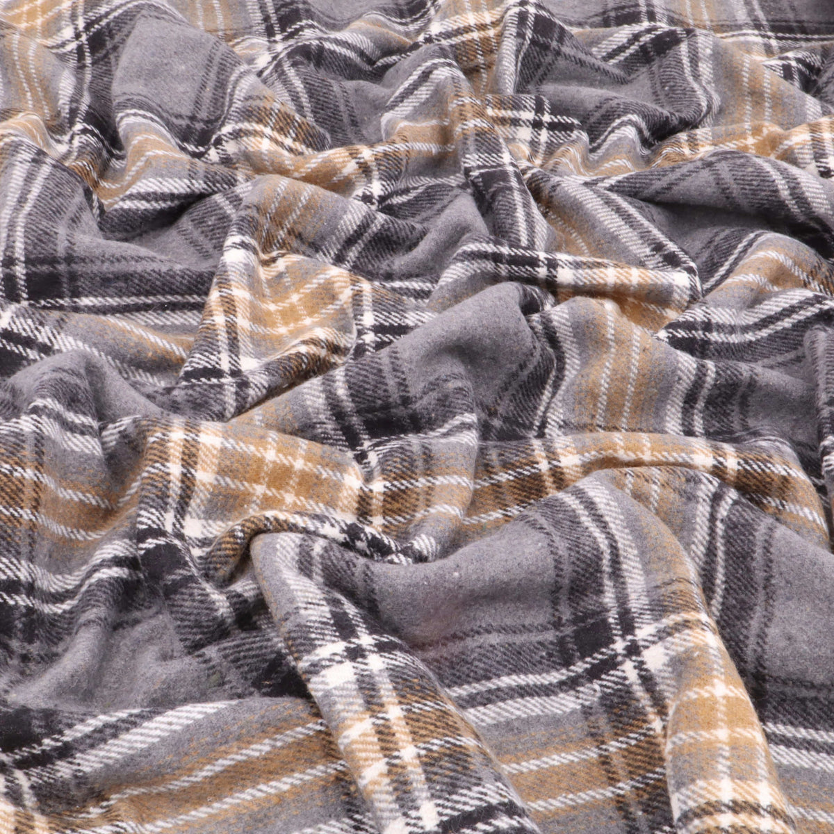 Cosy Thick Brushed Cotton Blend Tartan Plaid Fabric - Large Grey & Brown