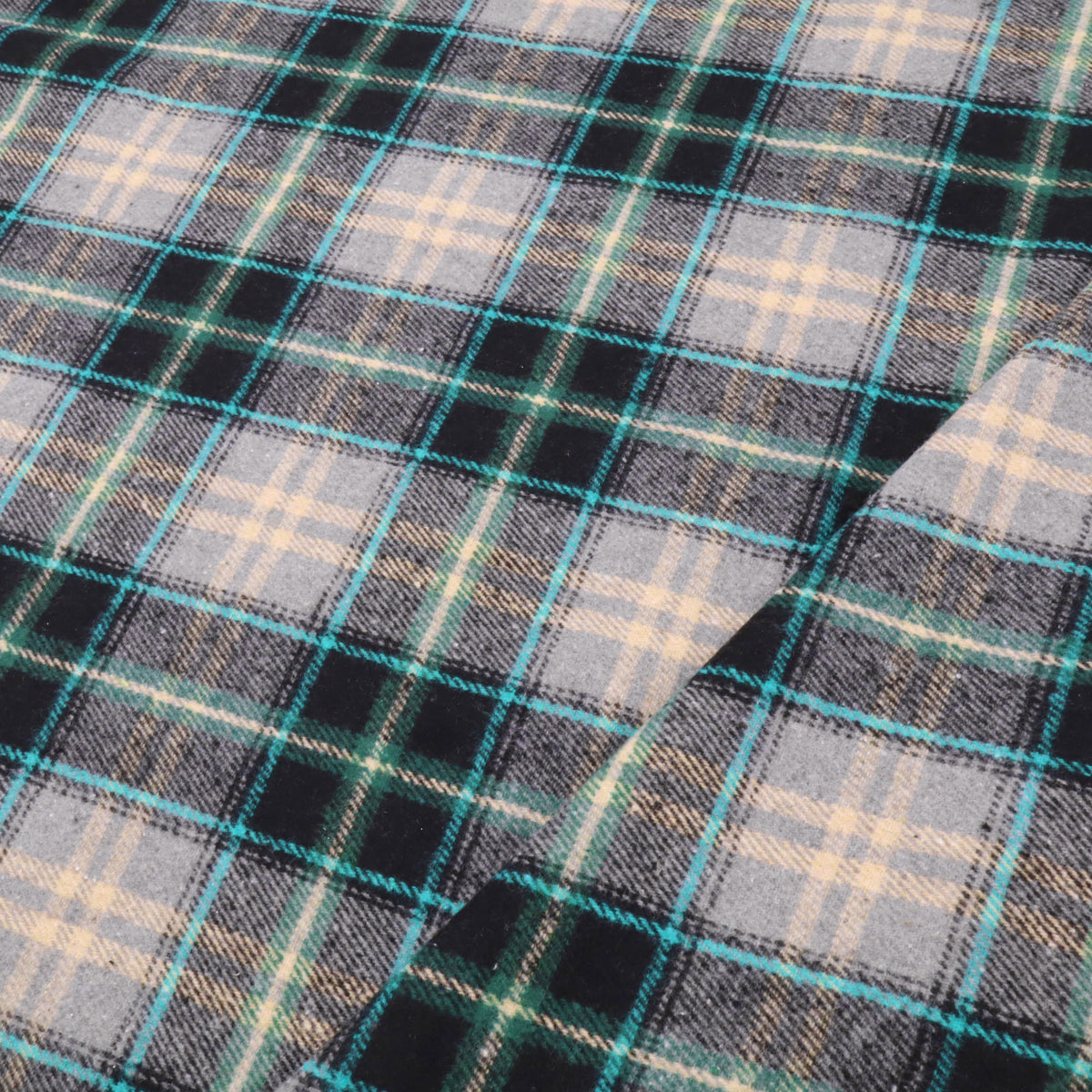 Cosy Thick Brushed Cotton Blend Tartan Plaid Fabric - Small Teal & Black