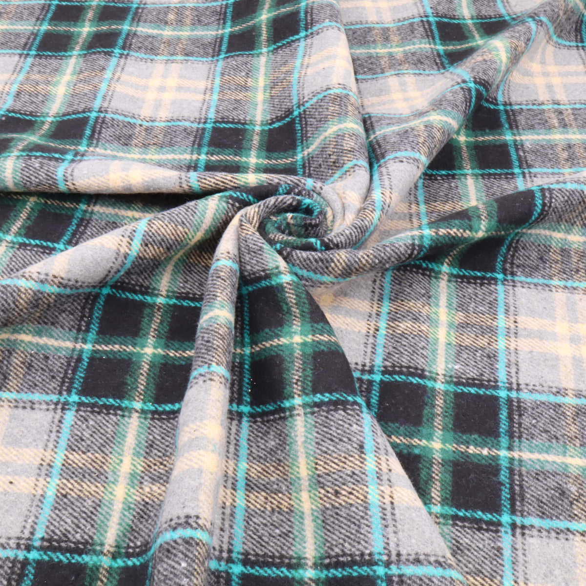 Cosy Thick Brushed Cotton Blend Tartan Plaid Fabric - Small Teal & Black