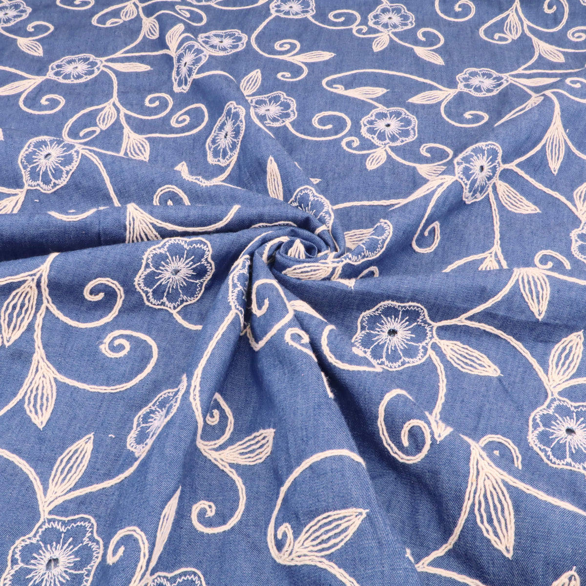 Cotton Denim Embroidery Chambray Jeans 4.8oz Dressmaking Fabric - Round Flowers