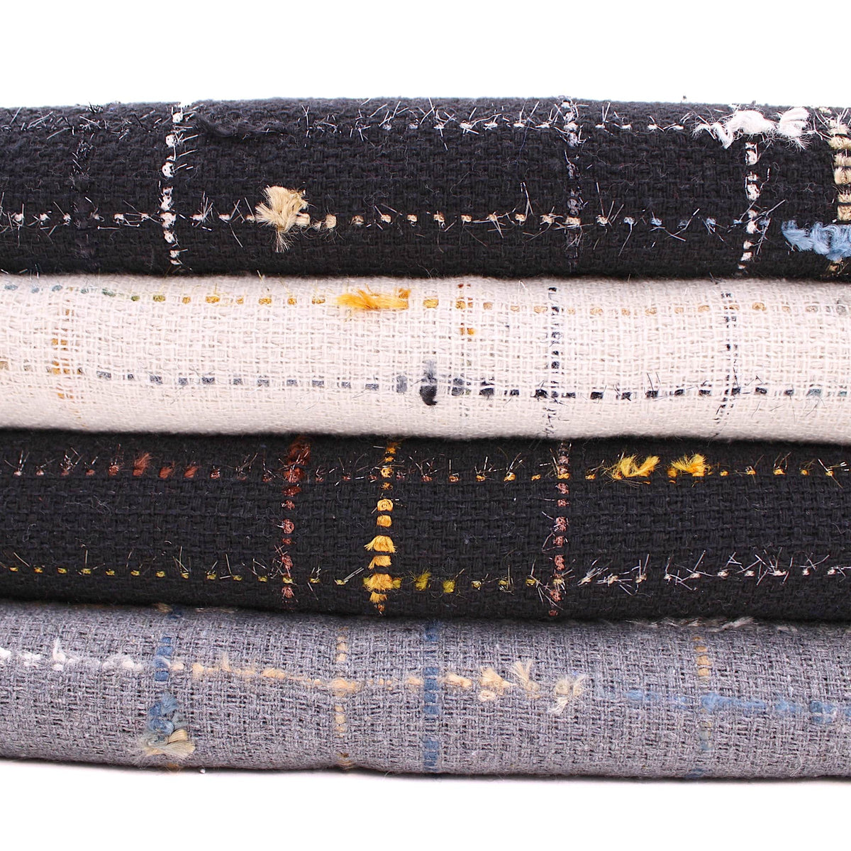 Cotton Mix Boucle Tweed Designer Look Check Fabric - Black Blue
