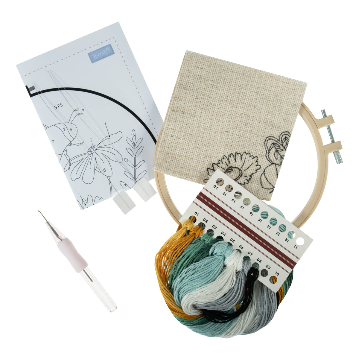 Craft Punch Needle Kit - Beginner Embroidery Floss Set with 6" Hoop - Bee & Flowers