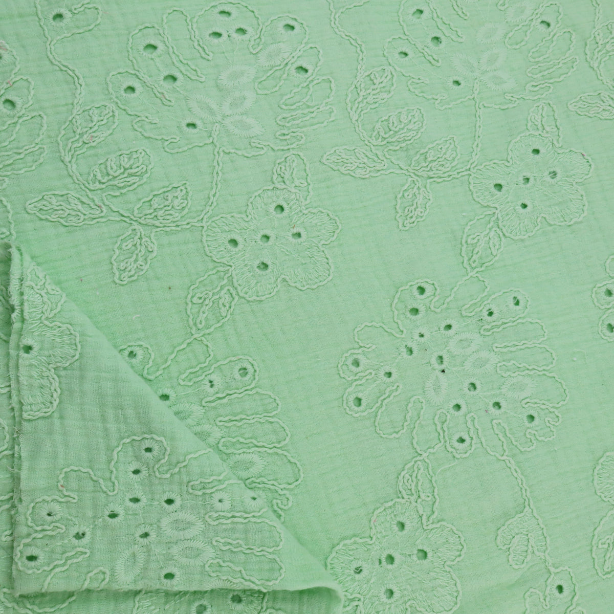 Dani Flower Embroidery Double Gauze Dressmaking Fabric - Mint