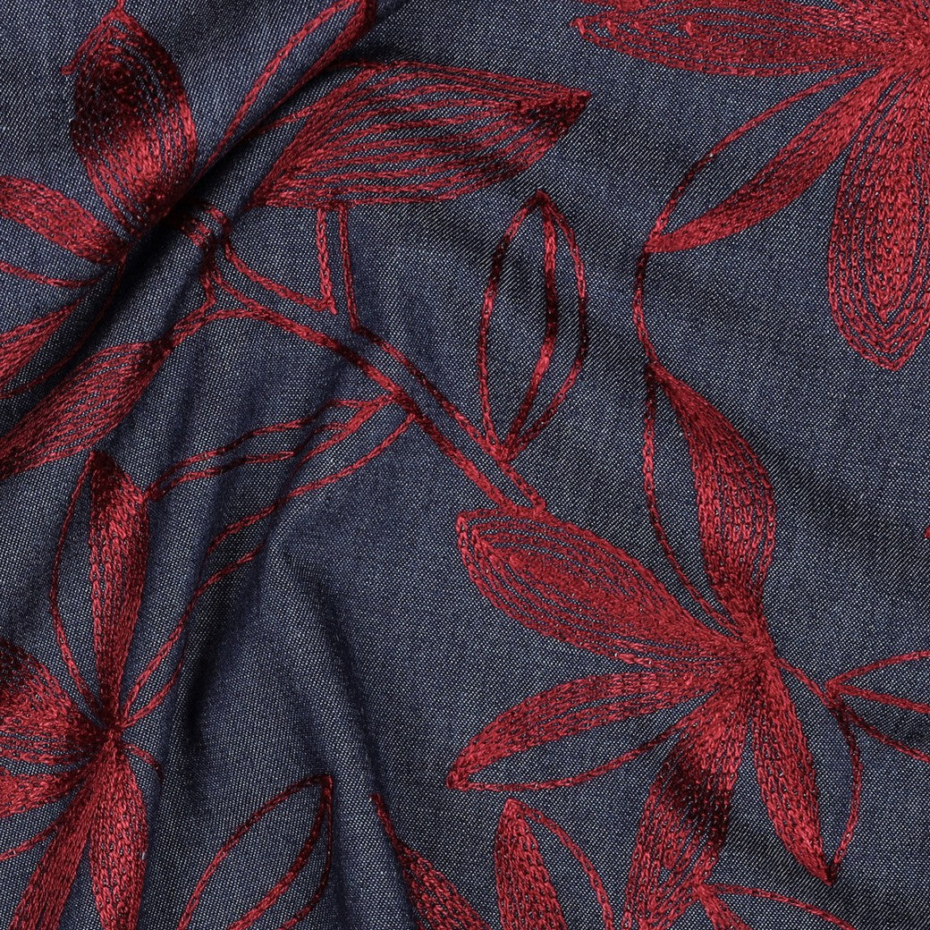 Denim Cotton Embroidered Dressmaking Fabric - Burgundy Leaves