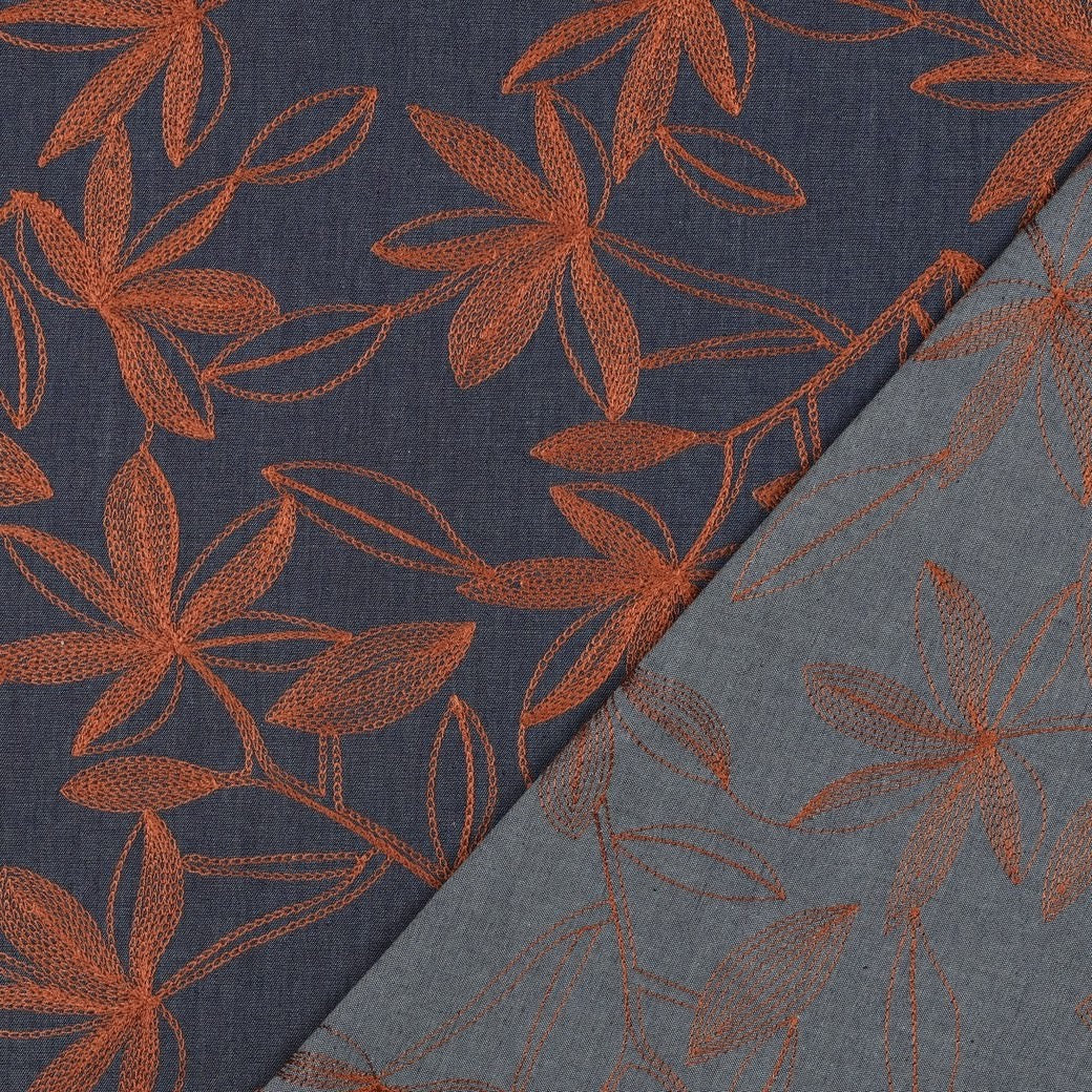 Denim Cotton Embroidered Dressmaking Fabric - Camel Leaves