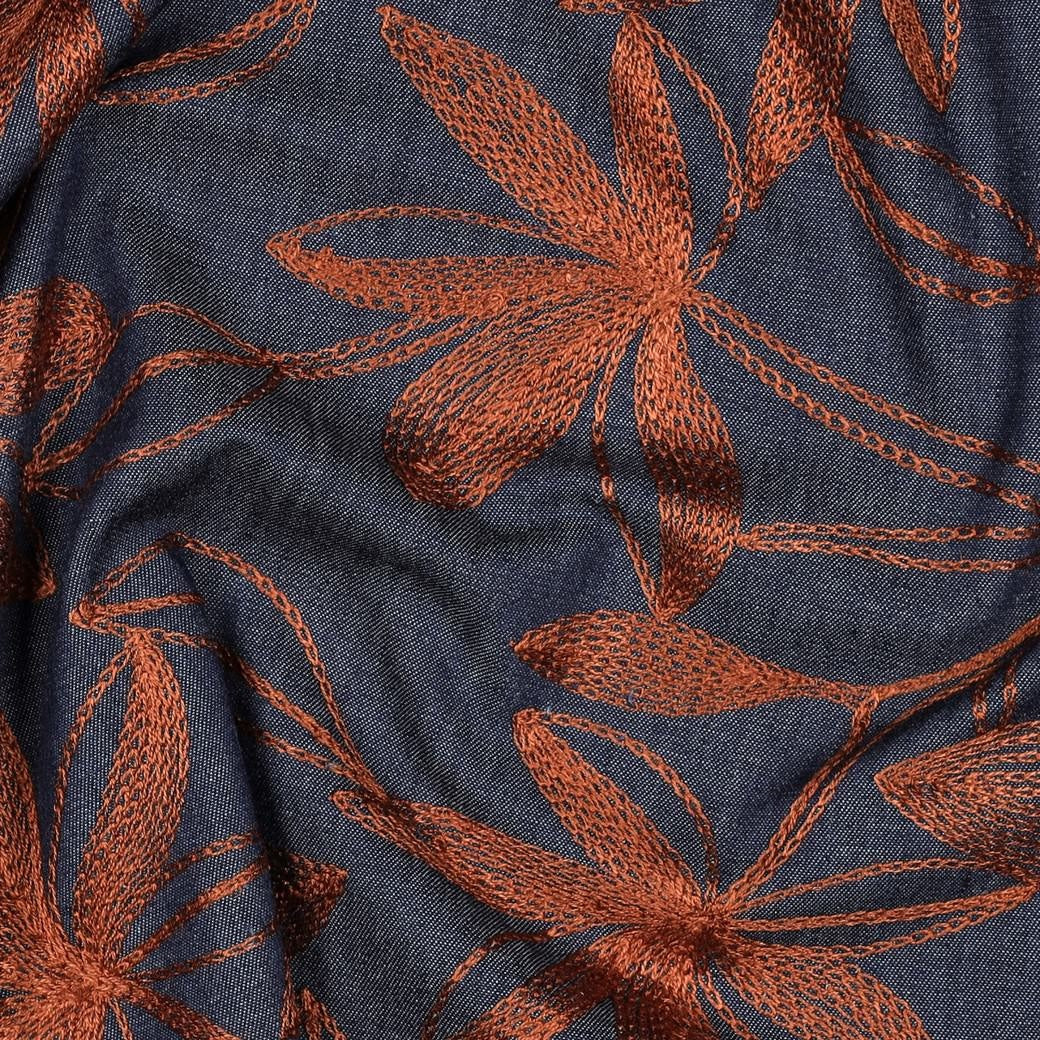 Denim Cotton Embroidered Dressmaking Fabric - Camel Leaves