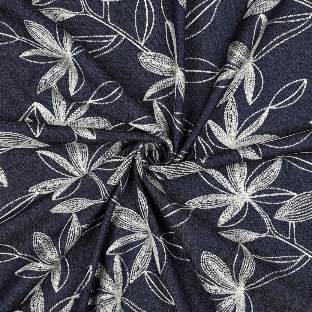 Denim Cotton Embroidered Dressmaking Fabric - White Leaves