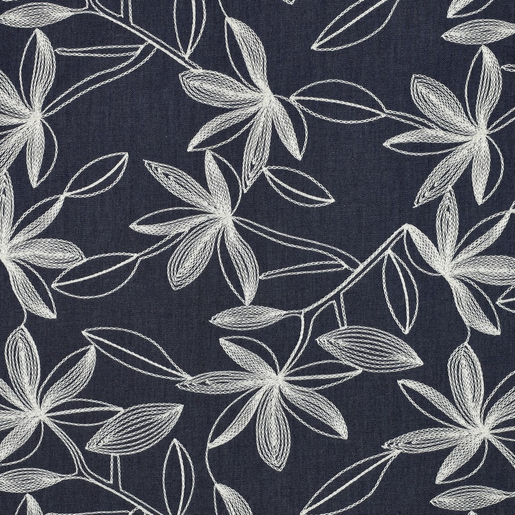 Denim Cotton Embroidered Dressmaking Fabric - White Leaves
