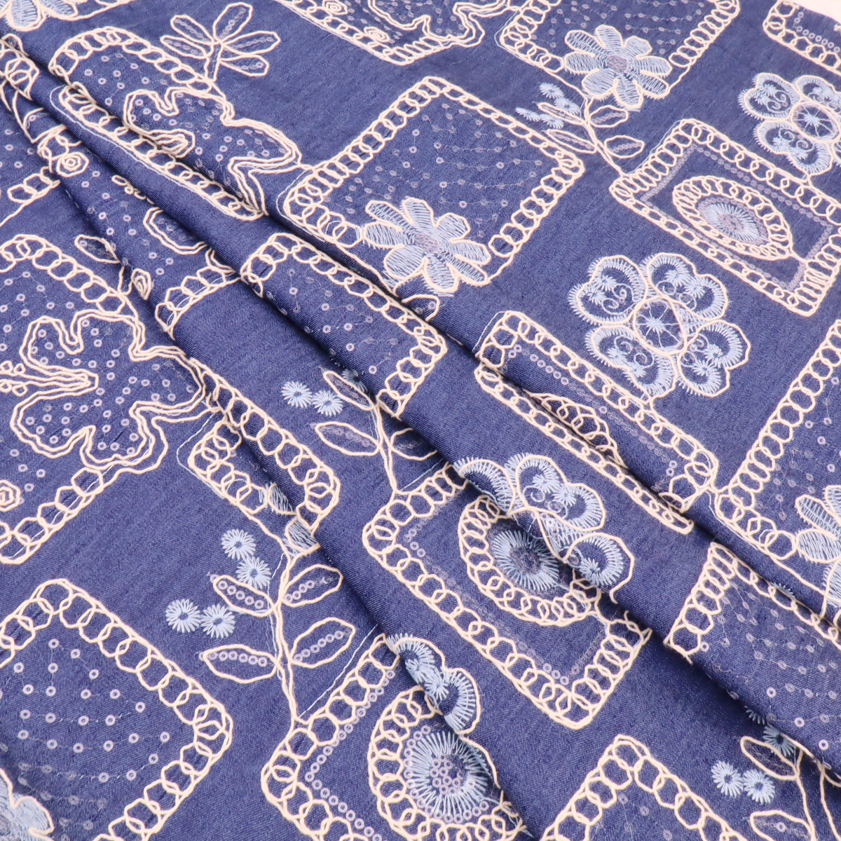 Denim Sequin Embroidered Flowers Dressmaking Jacketing Fabric - Dark Blue
