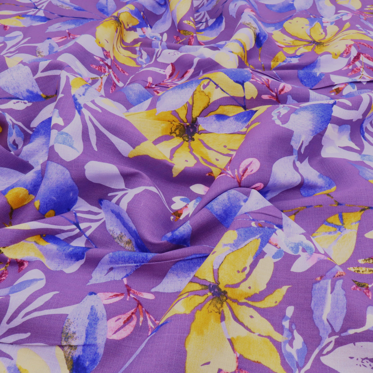 Edith Printed Cotton Linen Stretch Dressmaking Fabric - Leaves on Lavender
