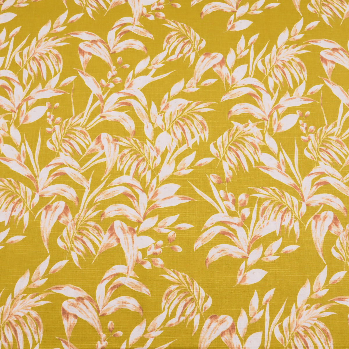 Edith Printed Cotton Linen Dressmaking Fabric - Leaves on Mustard