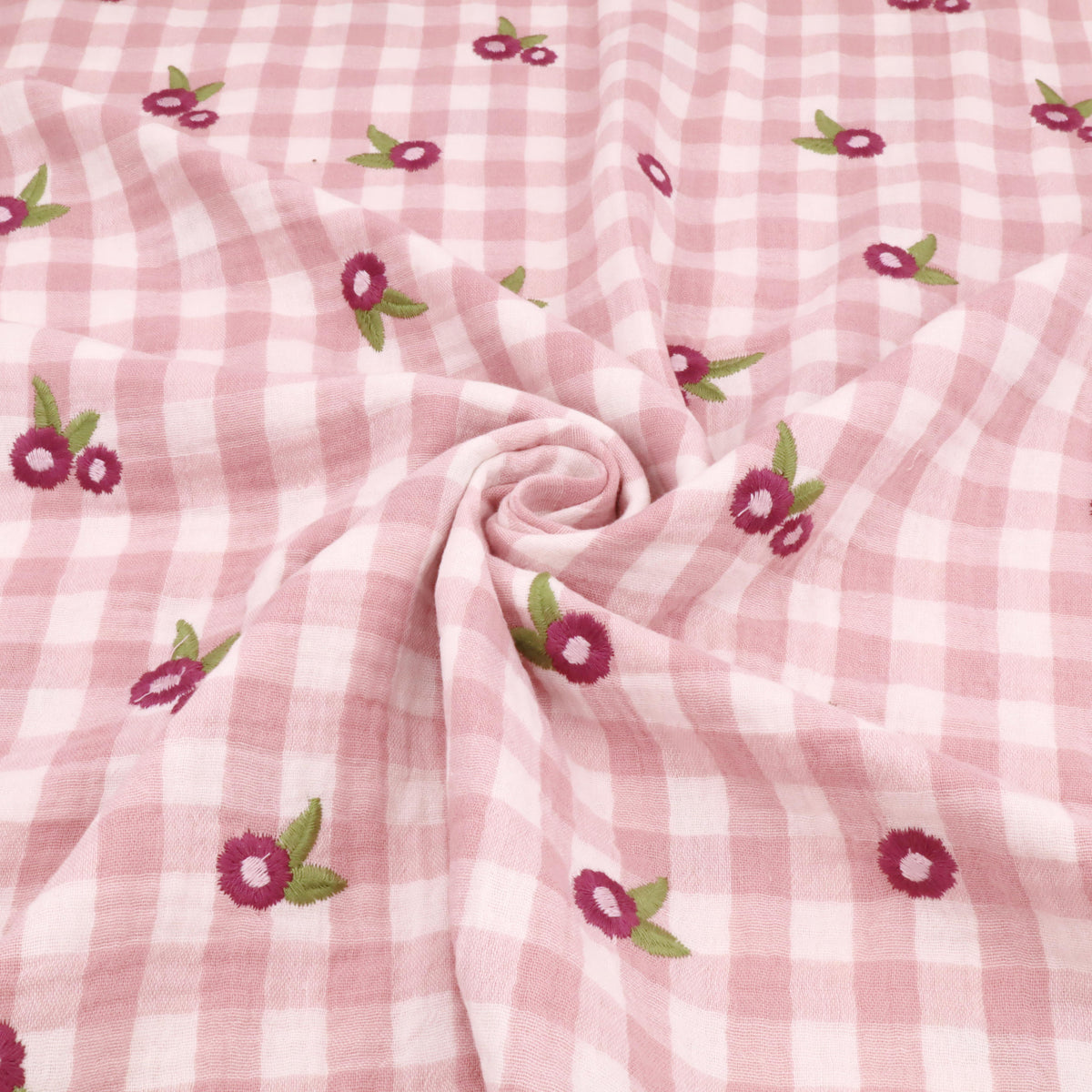 Embroidered Flowers Checked Double Gauze Dressmaking Fabric - Mauve