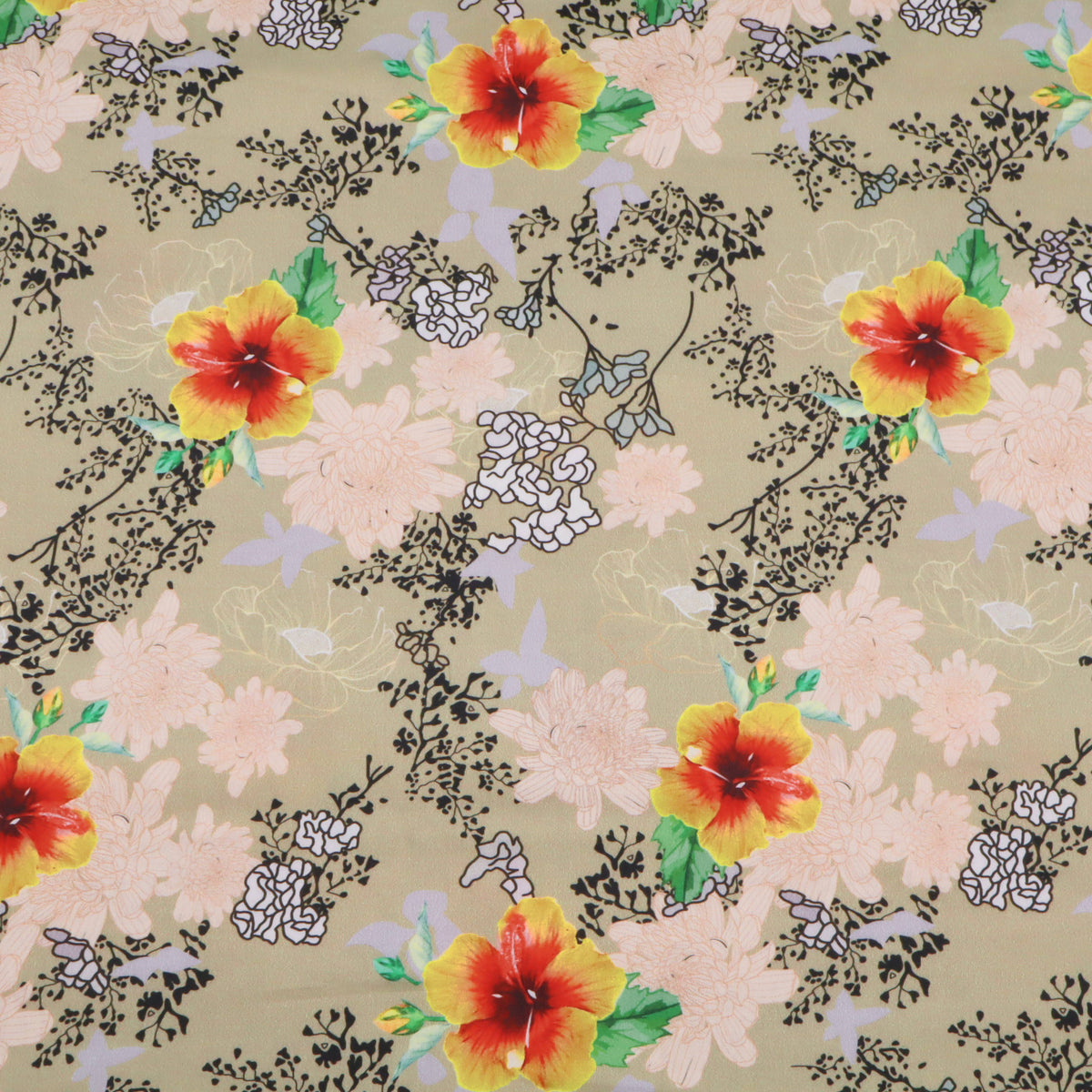 Fleur Luxury Pure Cotton Satin Sateen Dressmaking Fabric - Flowers on Old Green
