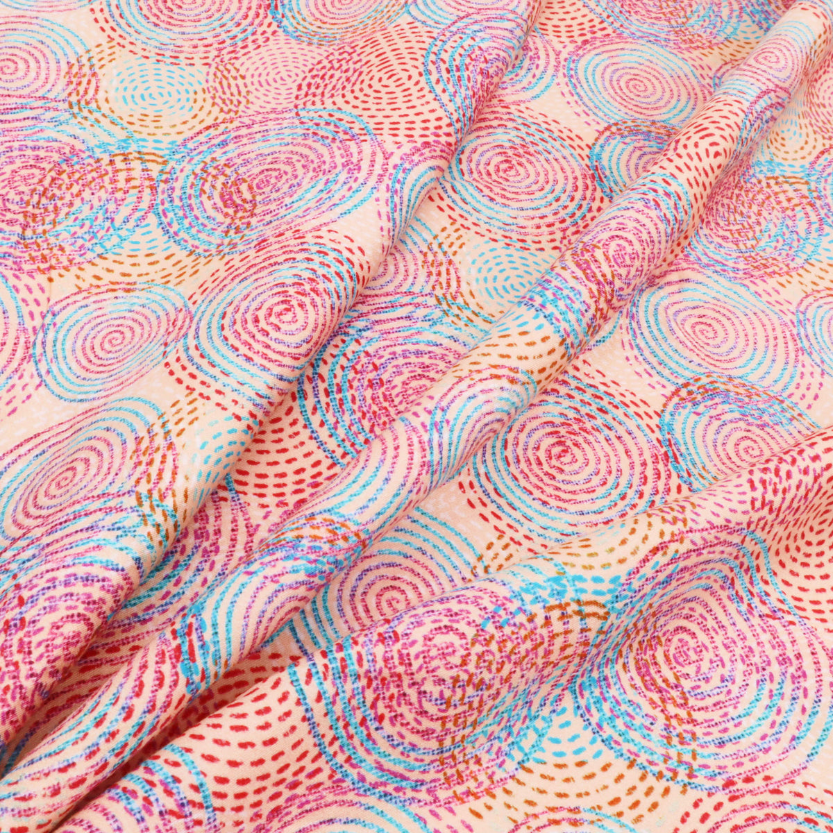 Fleur Luxury Pure Cotton Satin Sateen Dressmaking Fabric - Salmon Pink Mesmerizing Circles