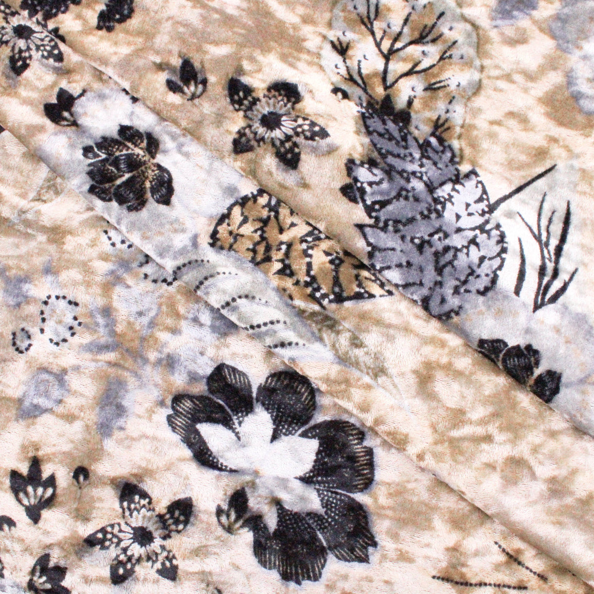 Floral Print Velour Velvet Fabric - Beige