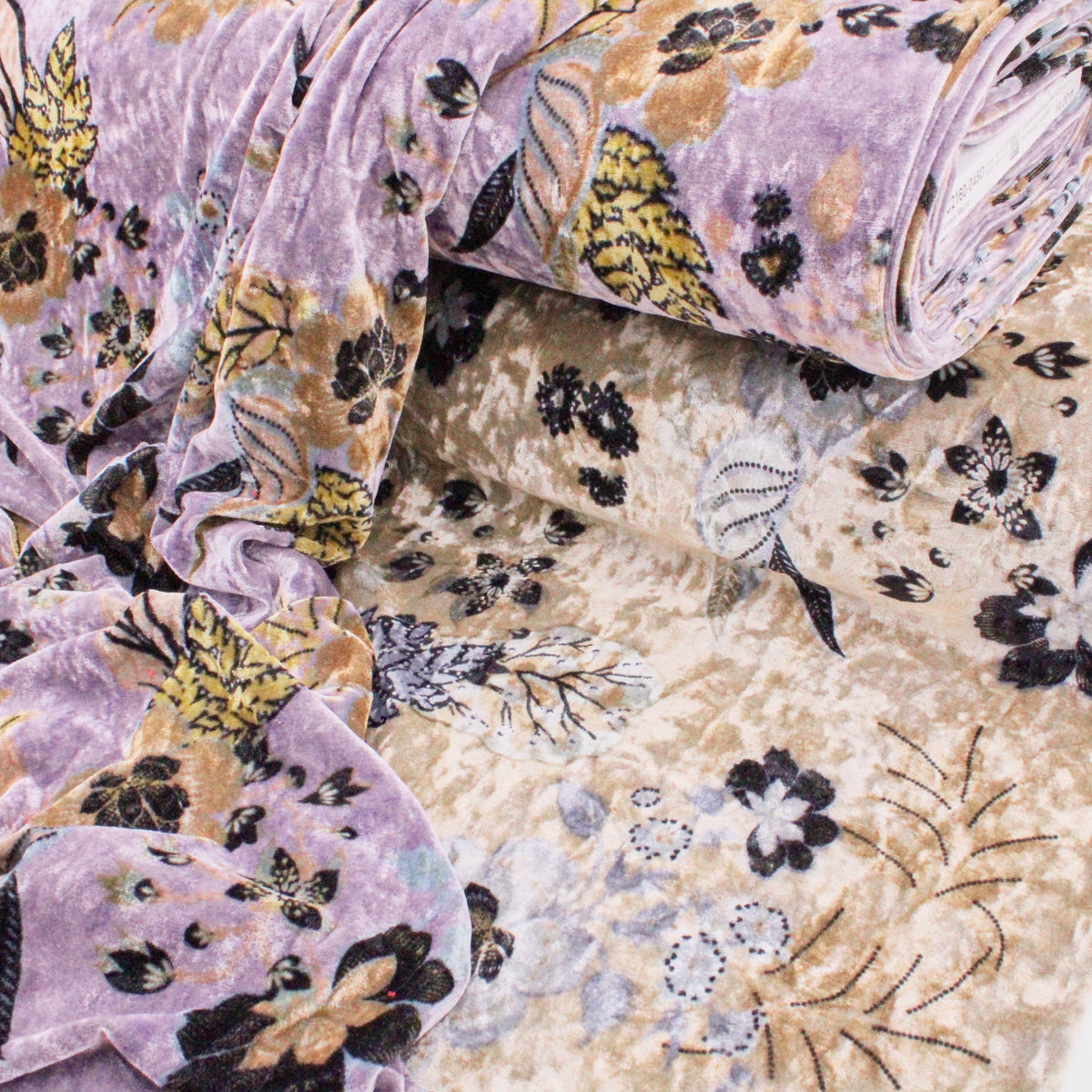 Floral Print Velour Velvet Fabric - Beige