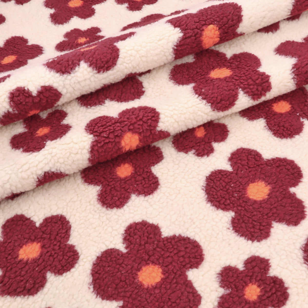 Floral Daisy Teddy Fleece Cosy Sherpa Jacket Borg Coating Fabric - Cream & Burgundy