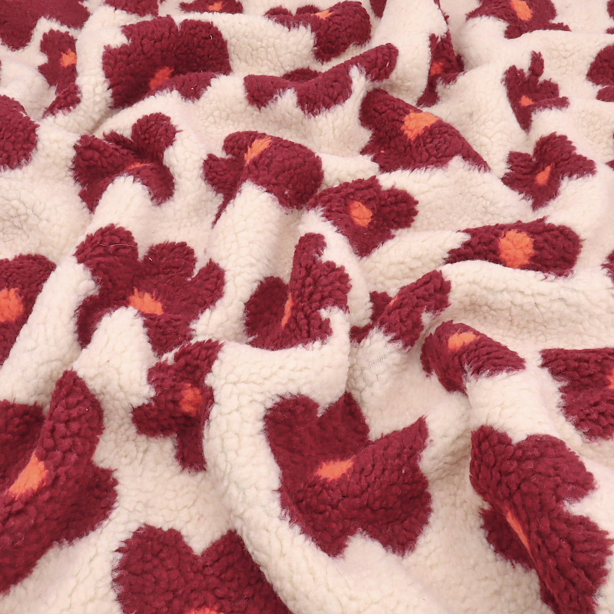 Floral Daisy Teddy Fleece Cosy Sherpa Jacket Borg Coating Fabric - Cream & Burgundy