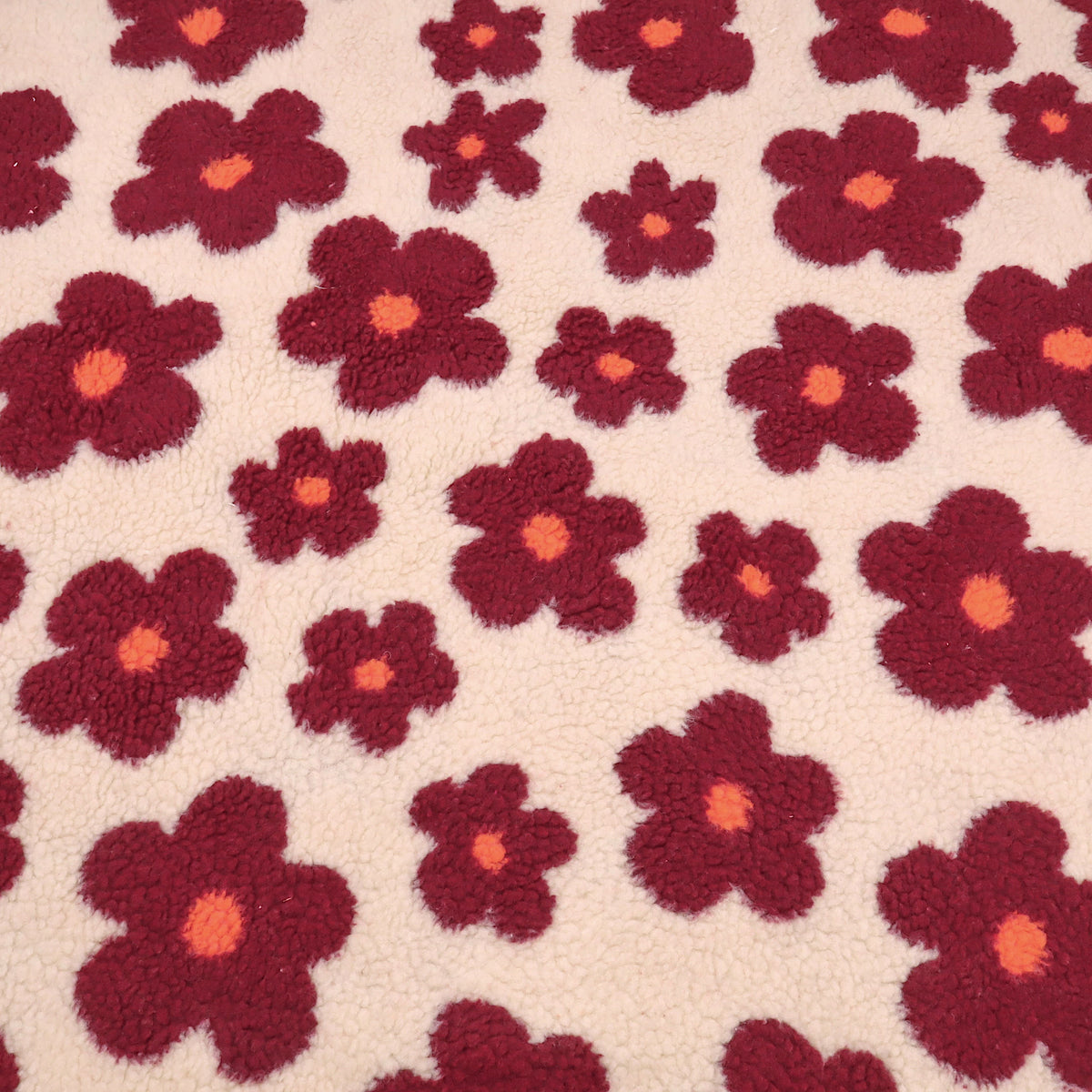 Floral Daisy Teddy Fleece Cosy Sherpa Jacket Borg Coating Fabric - Cream & Burgundy