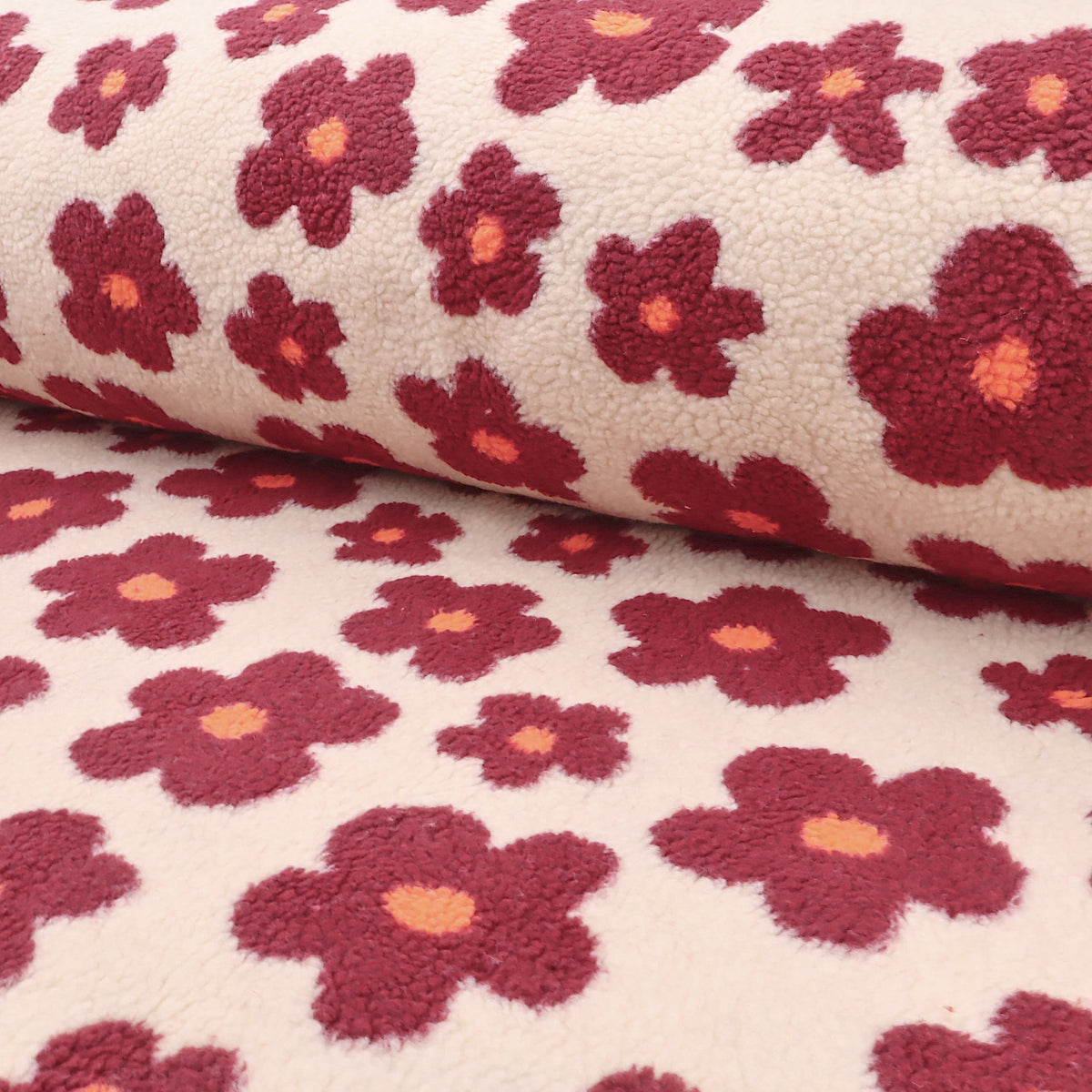Floral Daisy Teddy Fleece Cosy Sherpa Jacket Borg Coating Fabric - Cream & Burgundy
