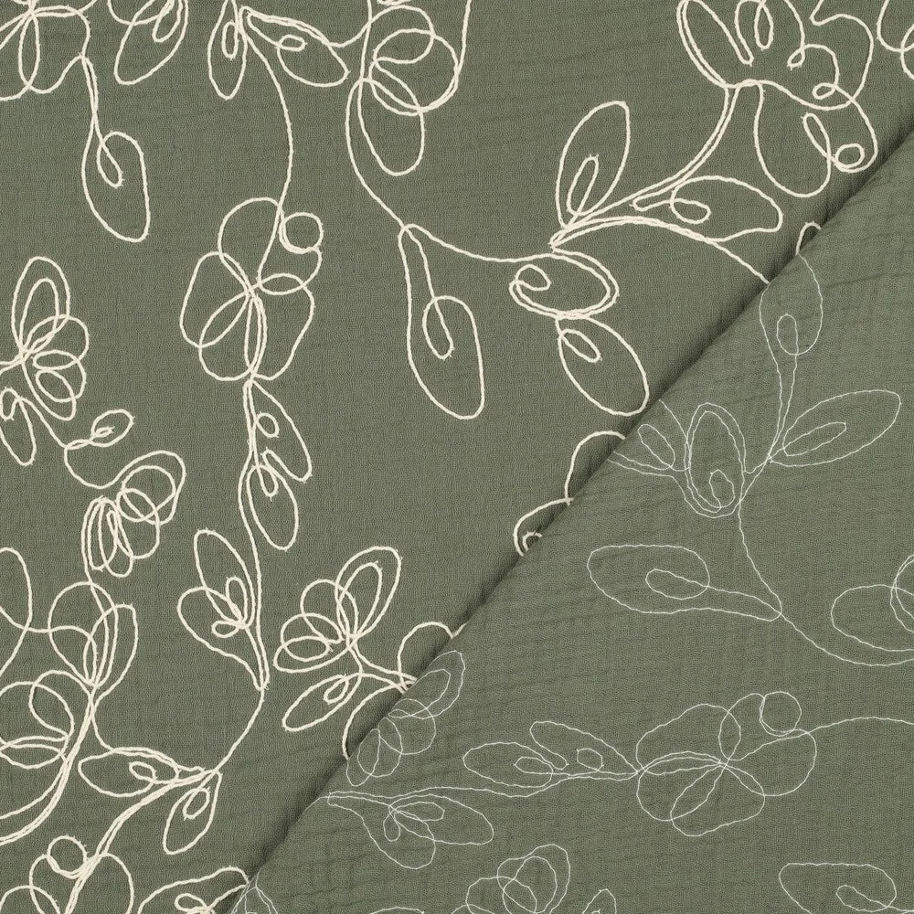 Floral Embroidery Cotton Double Gauze Dressmaking Fabric - Khaki