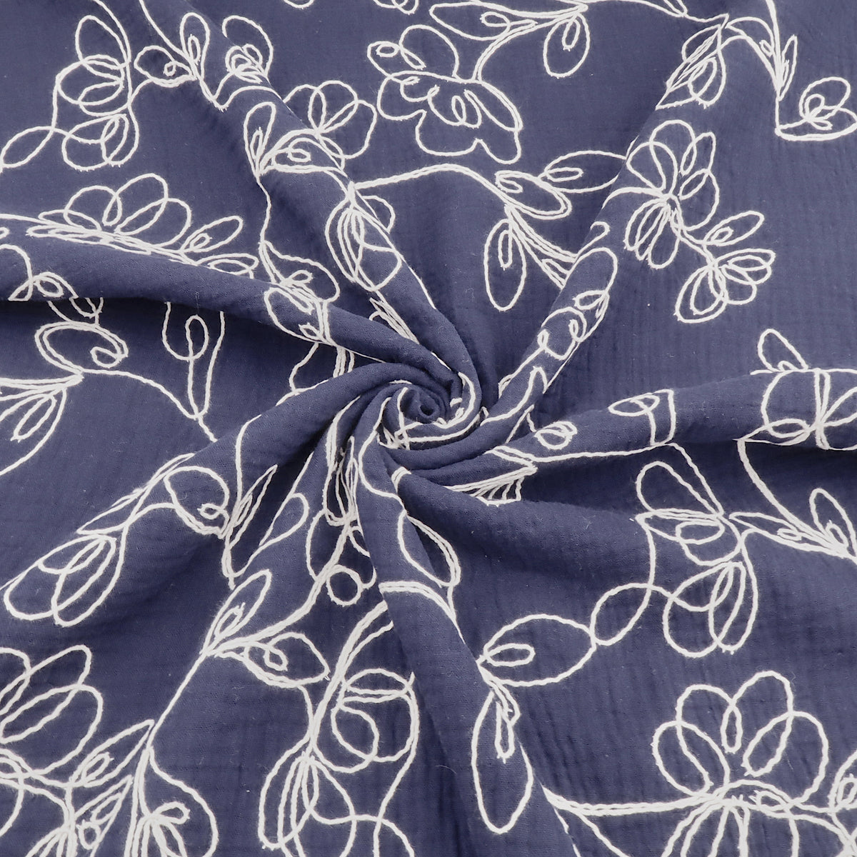 Floral Embroidery Cotton Double Gauze Dressmaking Fabric - Navy
