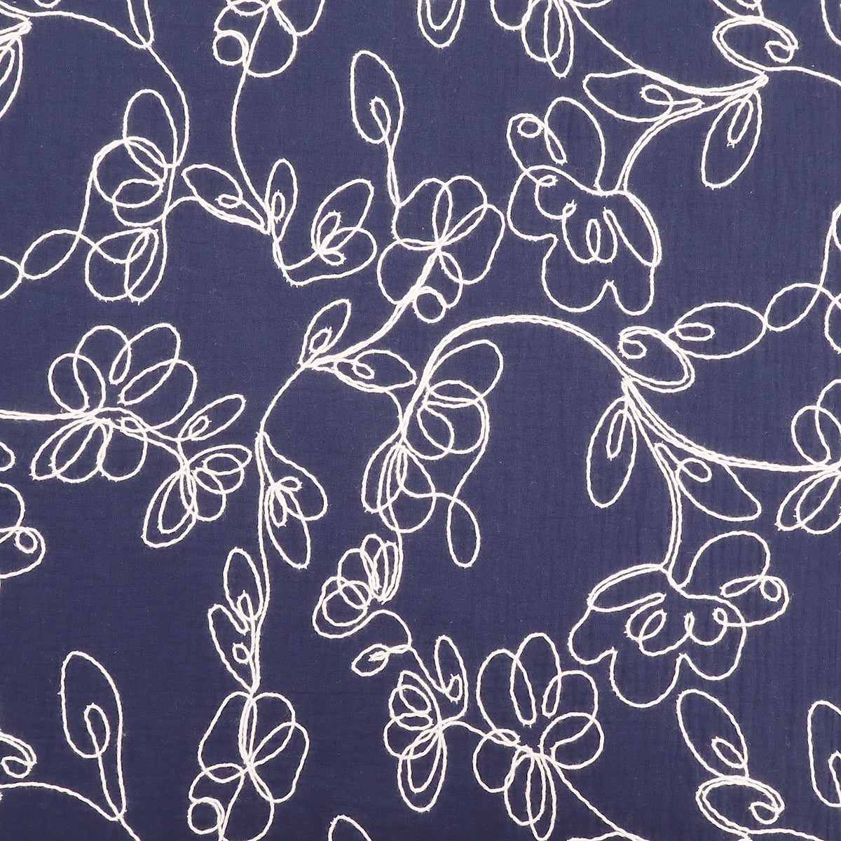 Floral Embroidery Cotton Double Gauze Dressmaking Fabric - Navy