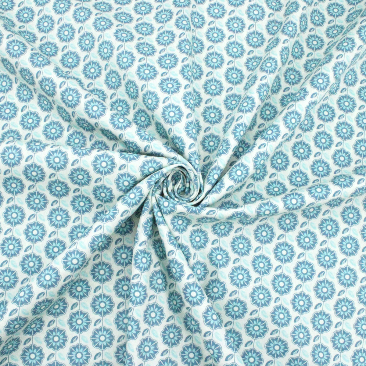 Floral Retro Pop Cotton Poplin - Mint Blue