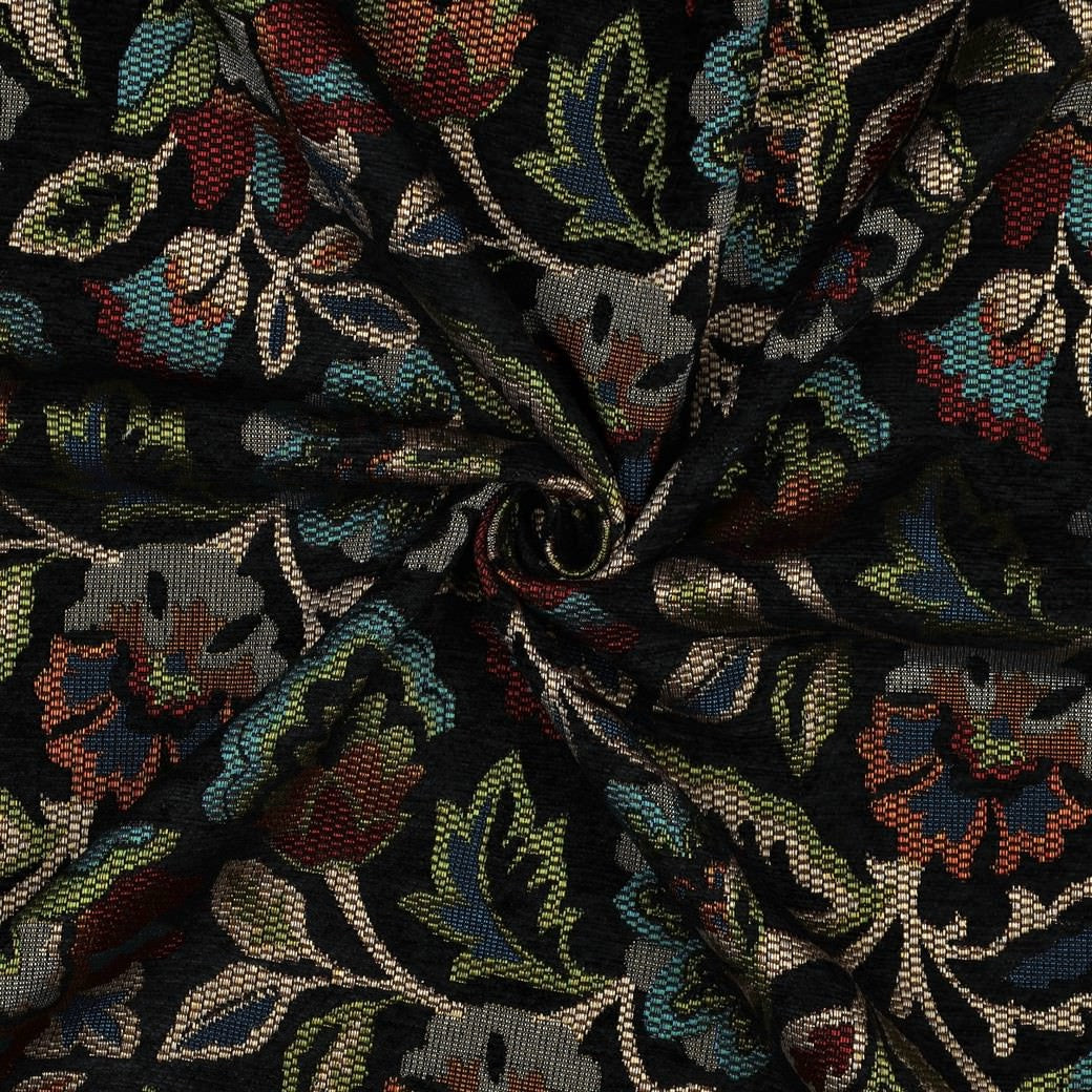 Gobelin Jacquard Woven Chenille Curtain Upholstery Fabric - Black Flowers