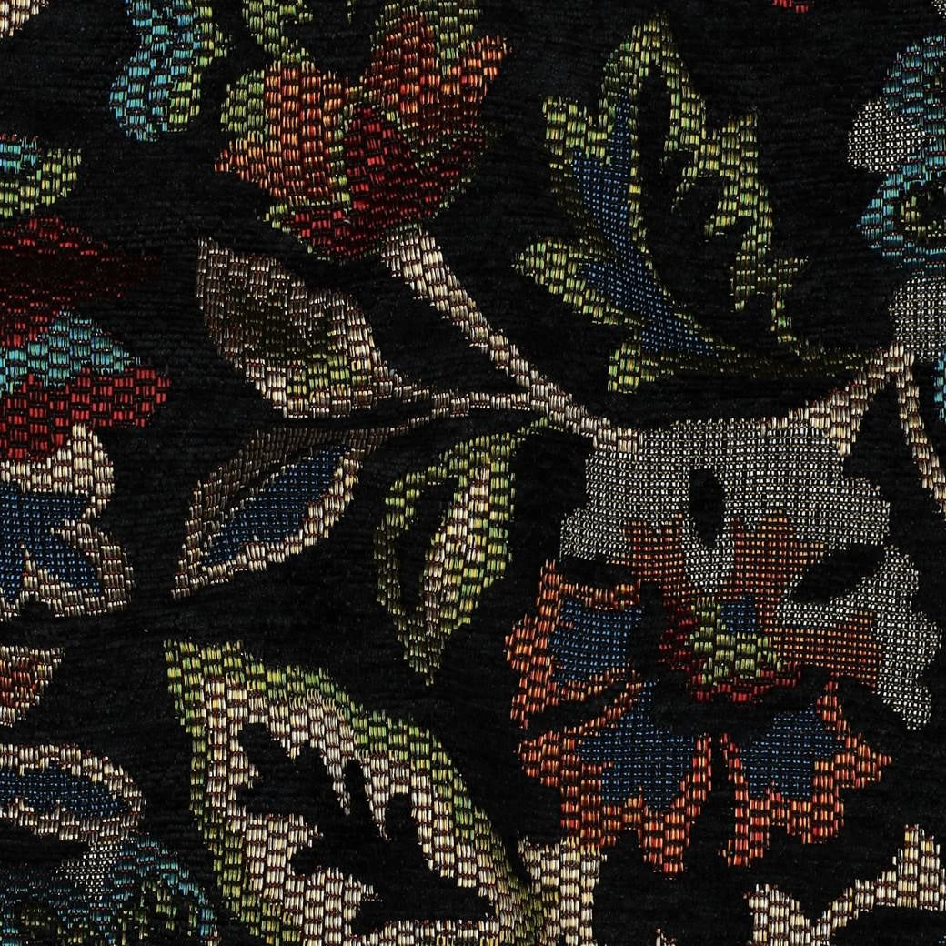 Gobelin Jacquard Woven Chenille Curtain Upholstery Fabric - Black Flowers